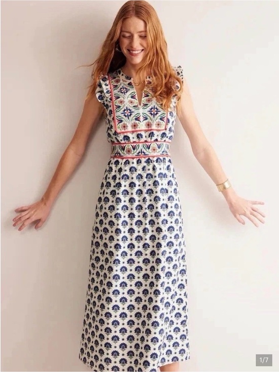 Boden Dresses & Skirts - Boden Linen Cotton Frill Embroidered Midi Dress w/ POCKETS Blue & White 12